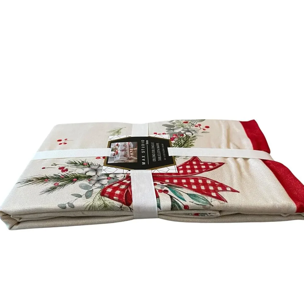 Max Studio Christmas Red Bows & Holly Holiday Tablecloth Oblong 60x120 New
